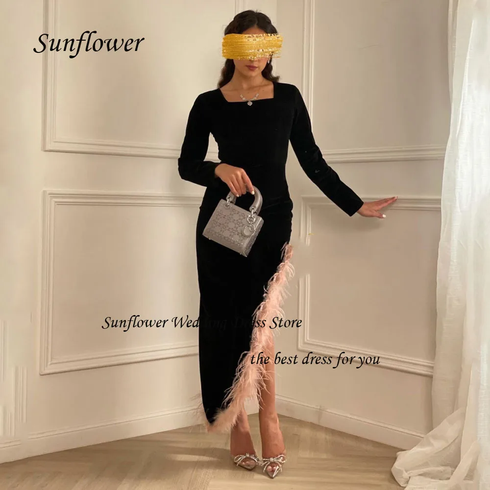 

Sunflower Square Collar Formal Evening Dress 2023 Slim Velour Prom dress Mermaid Ankle-Length Feathers Side Split Pary Dress