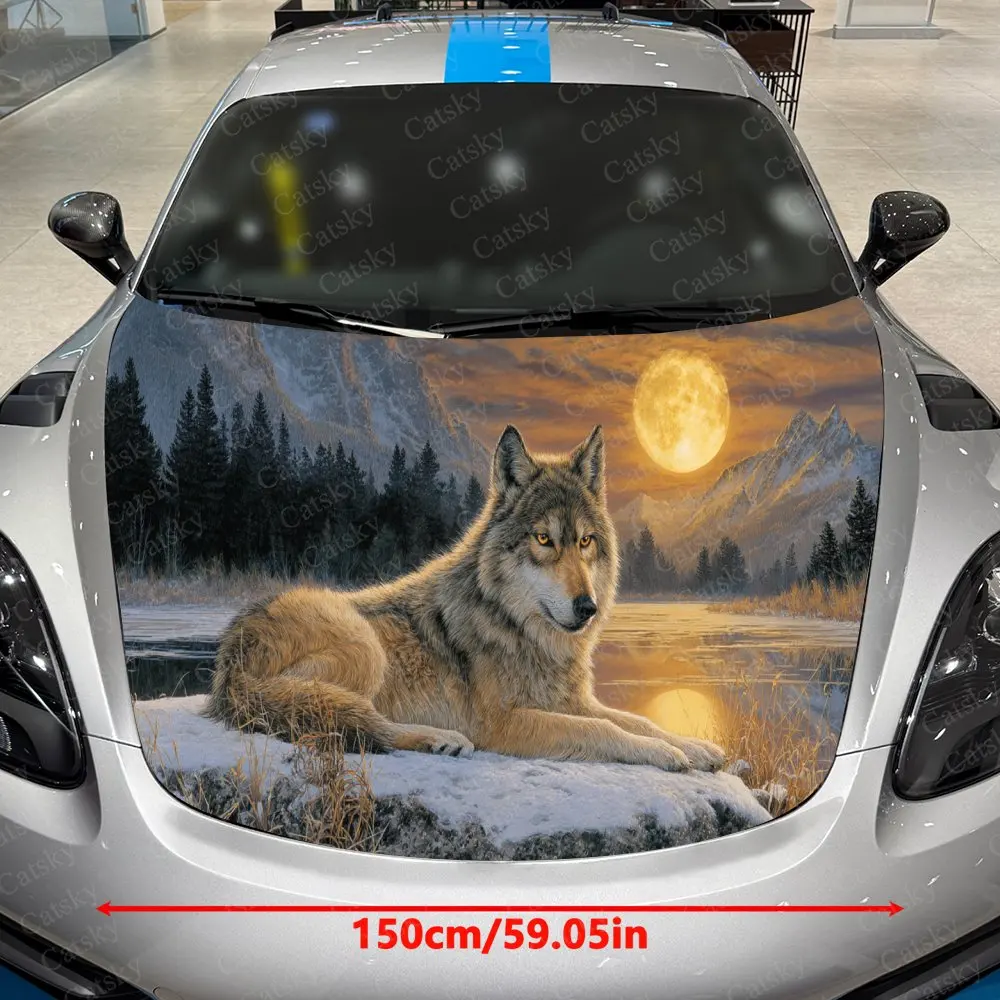 Frost Realm Lone Wolf & Gilded Moon Lake Habitat Car Vinyl Wrap, PVC Material Waterproof Car Hood Sticker, Self-Adhesive Scratch