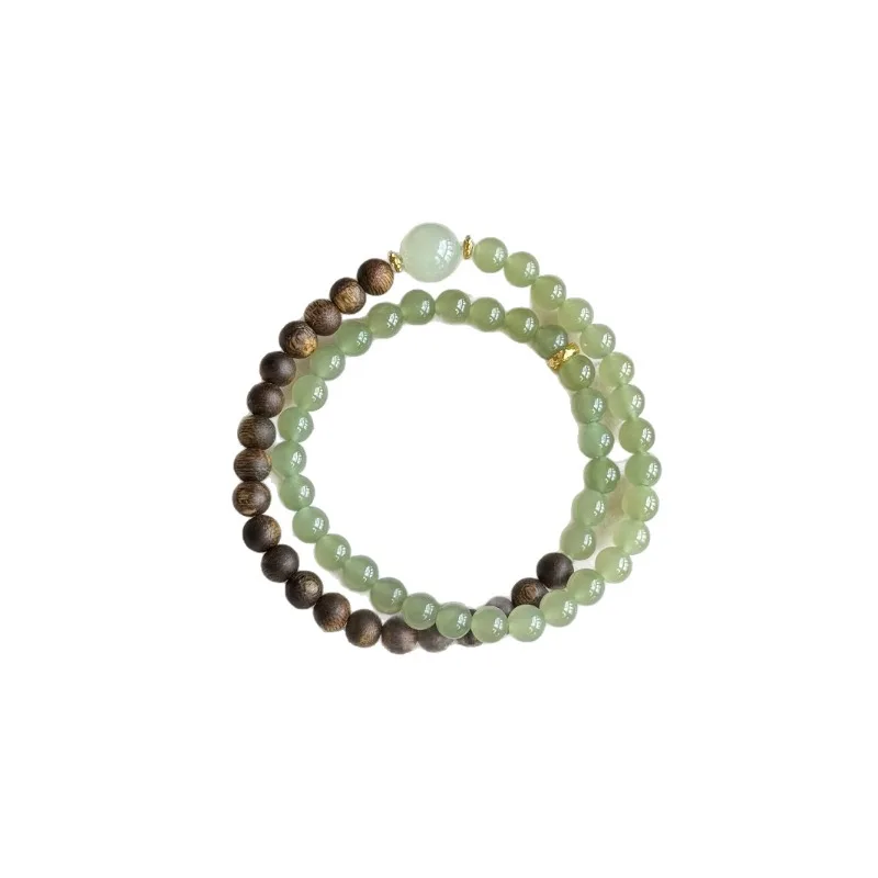 Natural Hetian Jade and Aloeswood Double Circle Bracelet Unique Design Lucky Charm Gifts