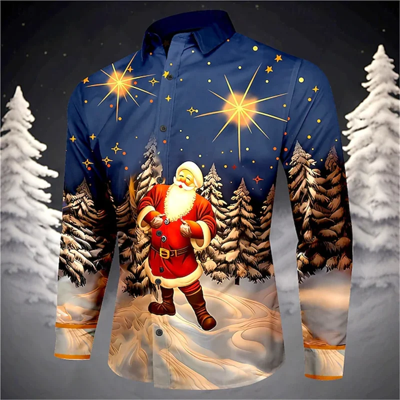 

2025 Мужская рубашка с принтом Санта-Клауса, мужская рубашка с длинным рукавом, уличная мужская модная рождественская рубашка, модный повседневный мужской топ