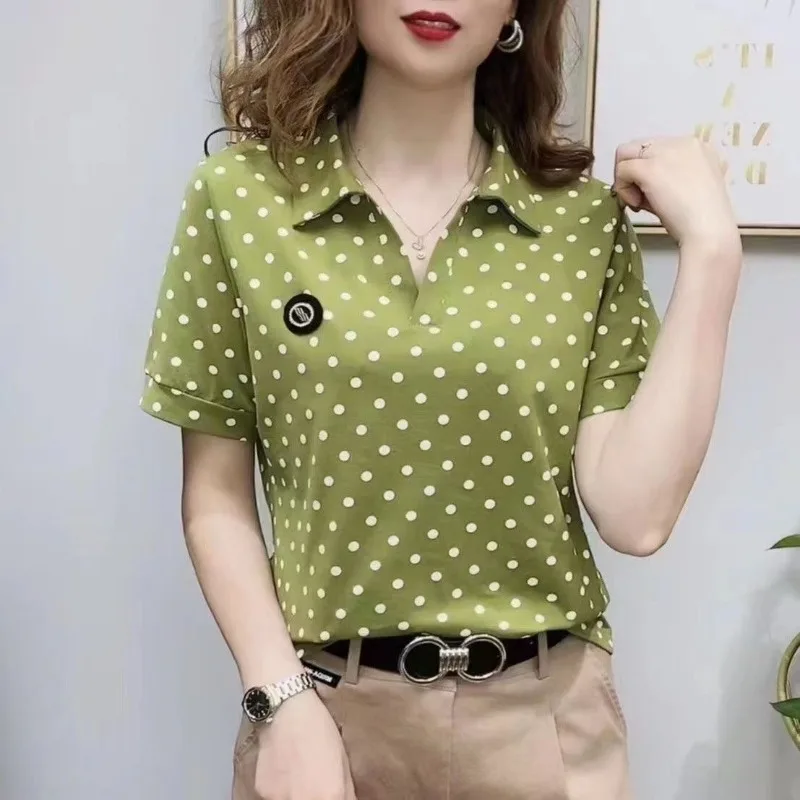 Women's T-shirt Short Sleeve Summer Letter Turn-down Collar Pullover Solid Polka Dot Embroidery Polo Casual Plus Size Tops