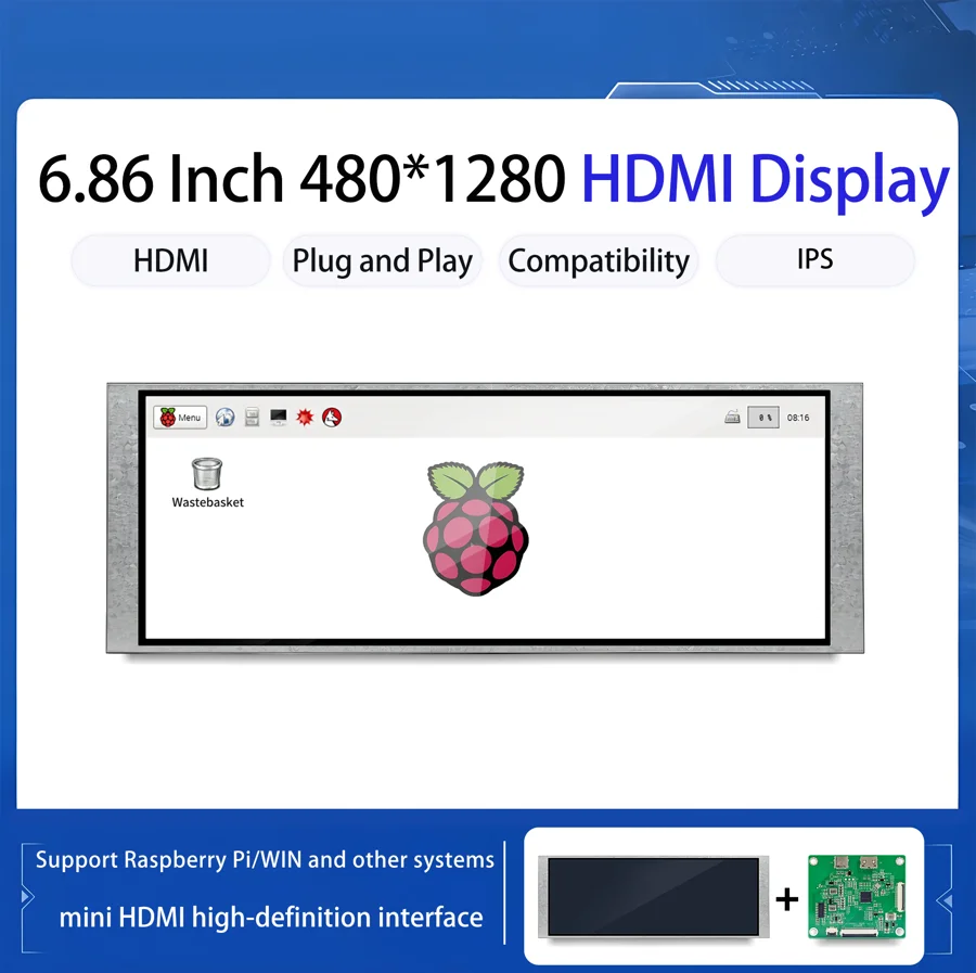 

6.8 Inch 480X1280 MIPI Interface HD-MI Bar IPS TFT LCD Display with HD-MI Driver Board