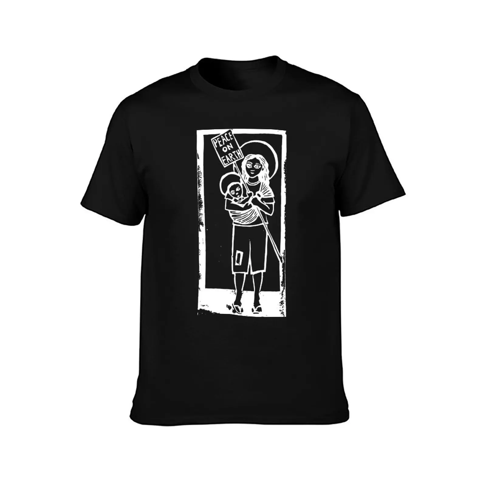 Mary and Jesus Linocut Image WHITE INK T-Shirt Anti-Fade Casual Tee Shirt T-Shirt