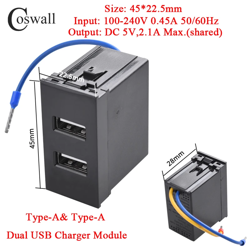 COSWALL E45 / P45-Serie Weiß / Schwarz 45 * 22,5 mm Wandsteckdose Typ C & A Dual-USB-Ladegerät DC 5 V, 2 A max. Modul DIY AC 100-240V – Detail 10