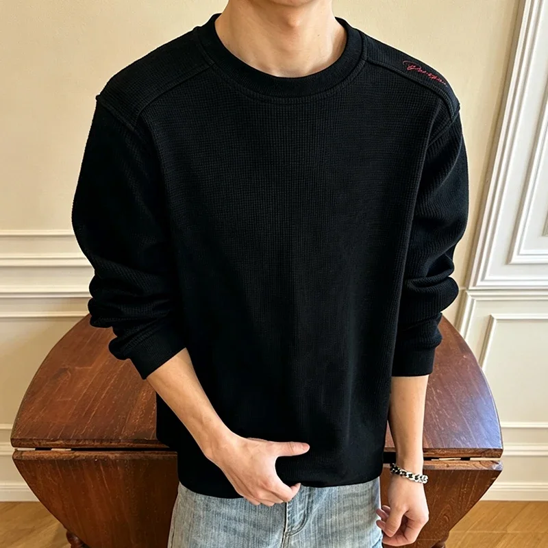 Male Crew Neck Waffle Fabric Long Sleeve Tee Raglan Cut Small Shoulder Embroidery Relax Fit Street Casual Garment