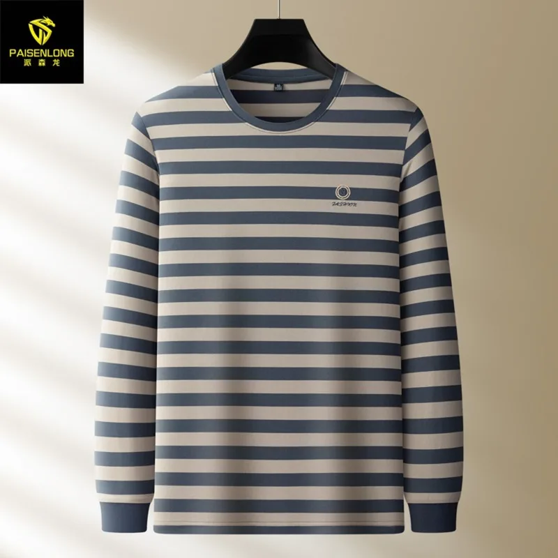 

Мужские футболки с длинными рукавами и простым полосатым принтом, повседневный пуловер большого размера с круглым вырезом, осенние модные хлопковые топы, одежда высокого качества