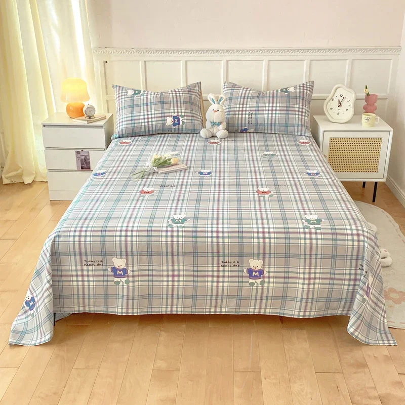 Cute Bear 100% Cotton Bed Sheet Set Plaid Pattern Cartoon Theme Flat Sheets with 2 Pillowcases Breathable Soft Bedding Set