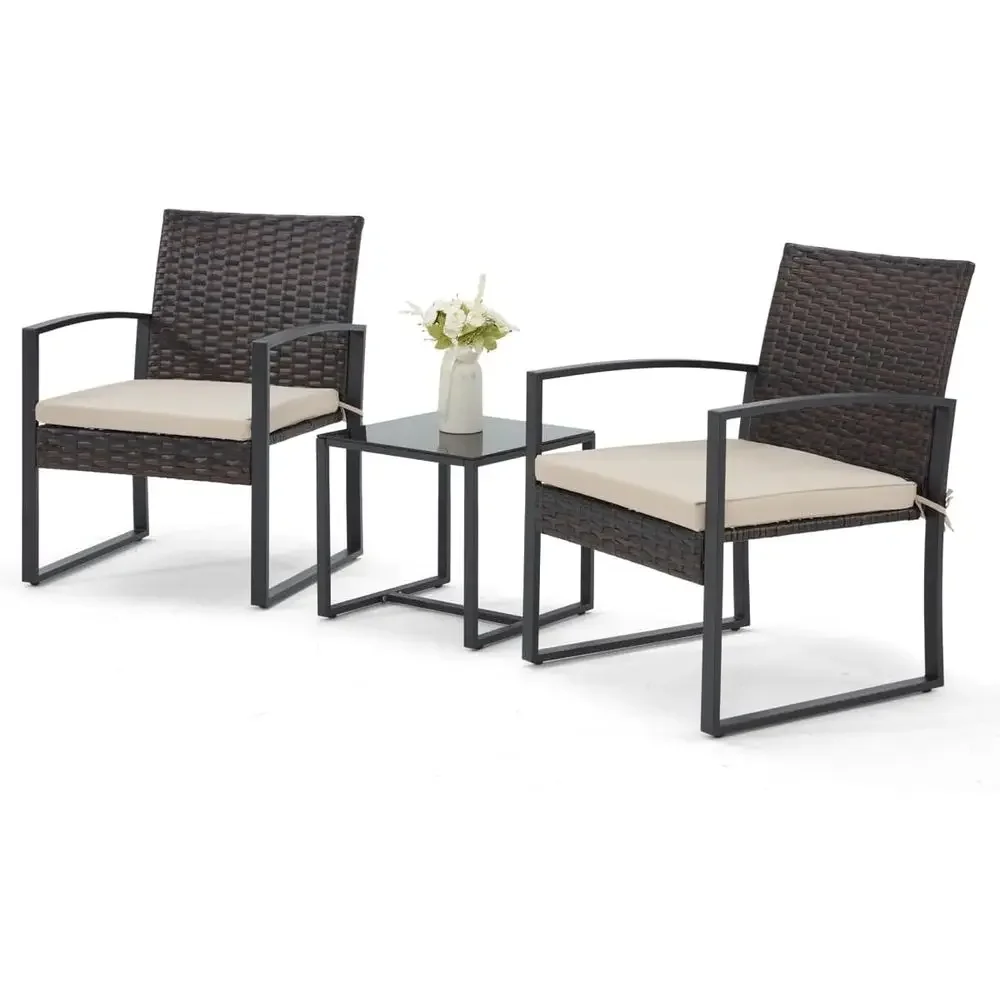 3-Piece Patio urniture Set, Wicker Bistro Set, Brown | 2 Straight Arm chairs with Glass Coee Table, Patio Contion Set or Backyar