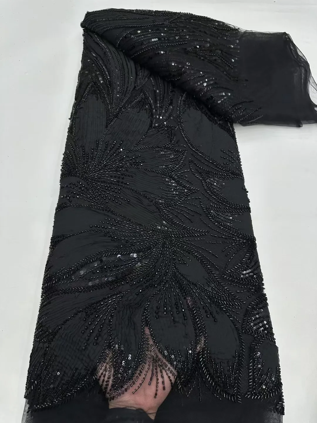

African Handmade Sequins Net Pearls Lace Fabric French Heavy Beaded Tulle Lace Fabric For Bridal Party Dress Material