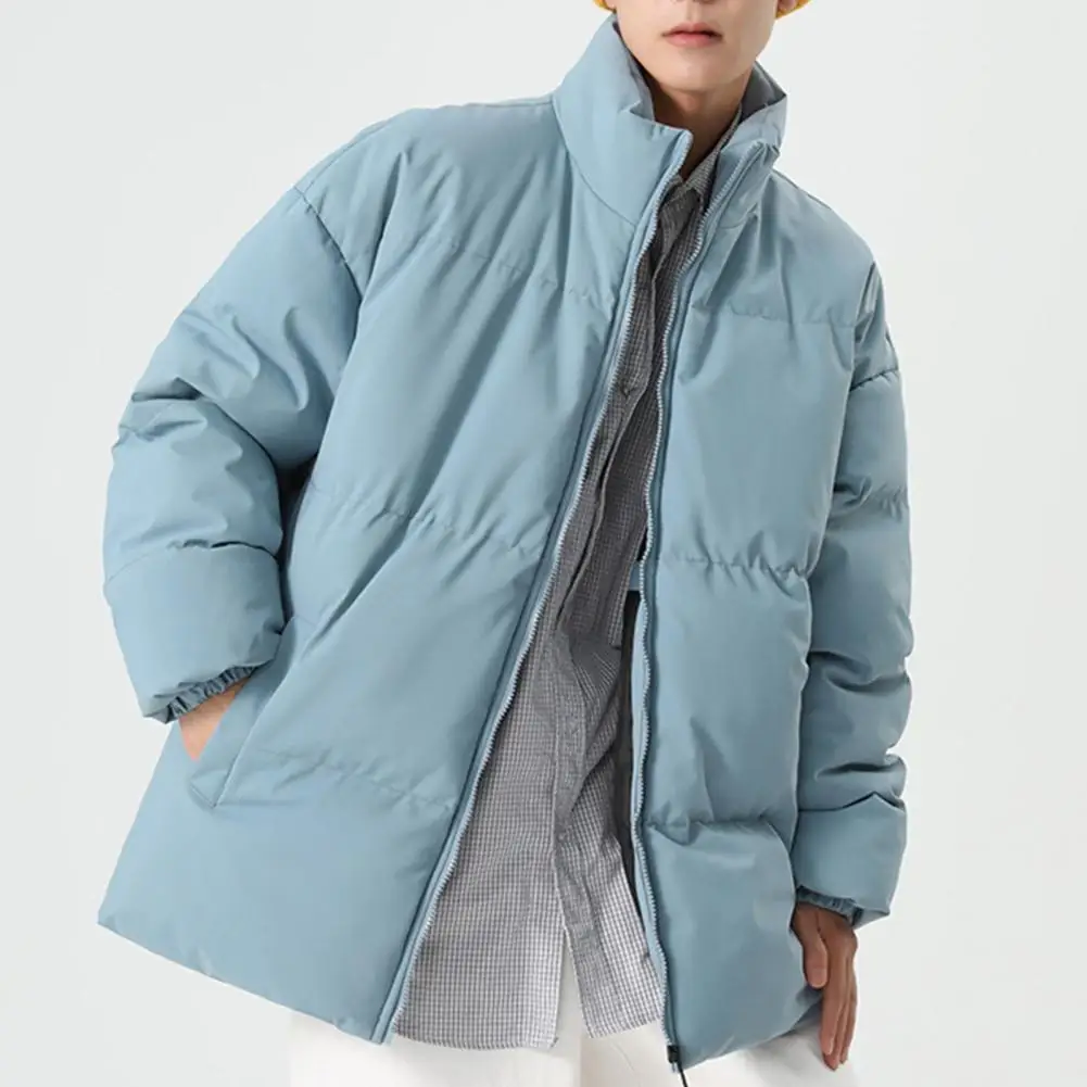 Men Cotton Jacket Stand Collar Long Sleeve Zipper Placket Thickened Down Coat With Pockets Solid Color Quilted Outwear