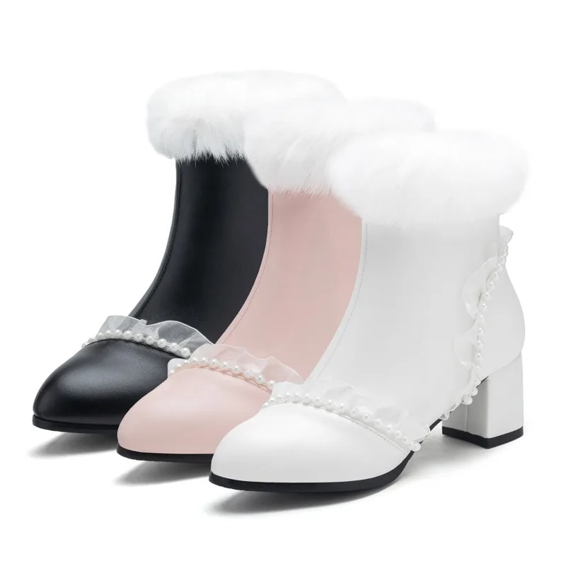Ruffle Faux Fur Trim Boots Beaded Block High Heel Lolita Ankle Boots Women Extended Sizes EU34-EU43 Kawaii Fashion Footw