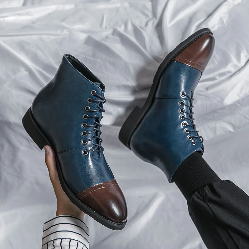 Męskie krótkie buty niebieskie modne ręcznie robione męskie botki sznurowane kwadratowe noski mieszane kolory Botas Cuturno Masculinas