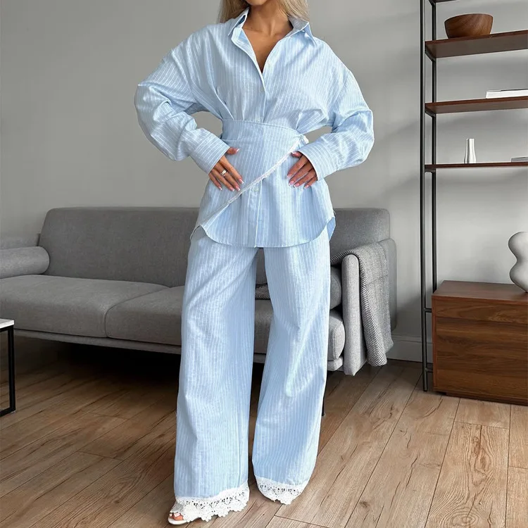 Conjunto informal de piezas de camiseta con estampado de rayas para mujer, cuello largo con ribete de encaje, pantalones de pierna ancha, conjunto Faionable