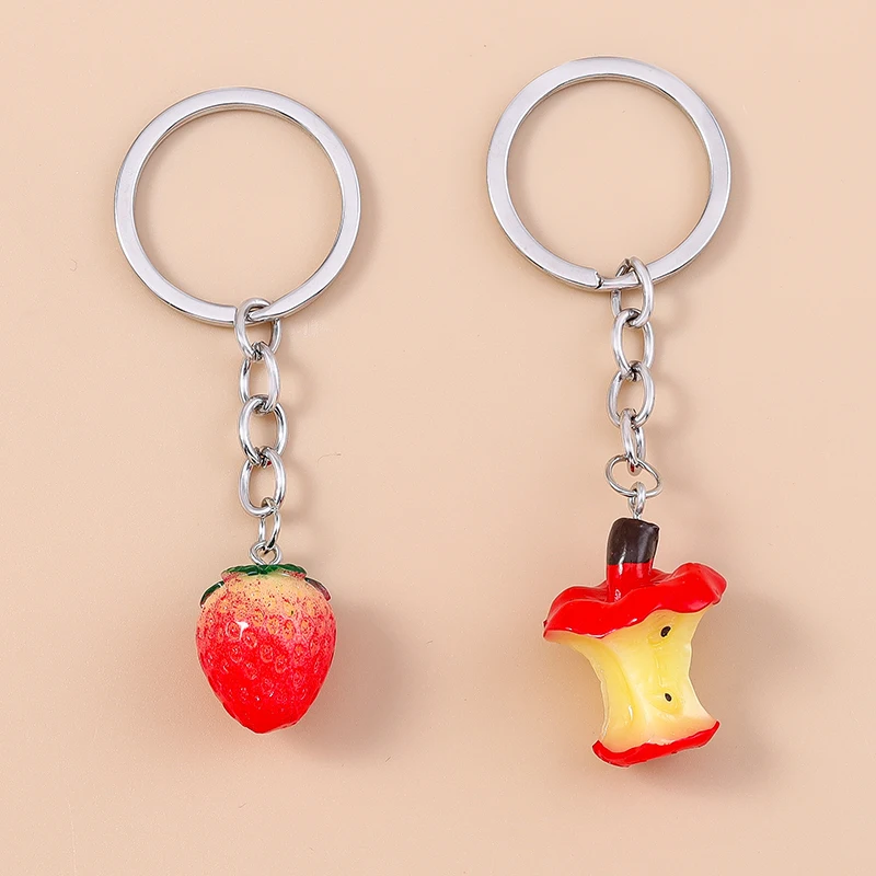 Cute Resin Simulated Fruit Keychain Apple Strawberry Key Ring Pendant for Women Girls Handbag Decor Handmade Jewelry Gift