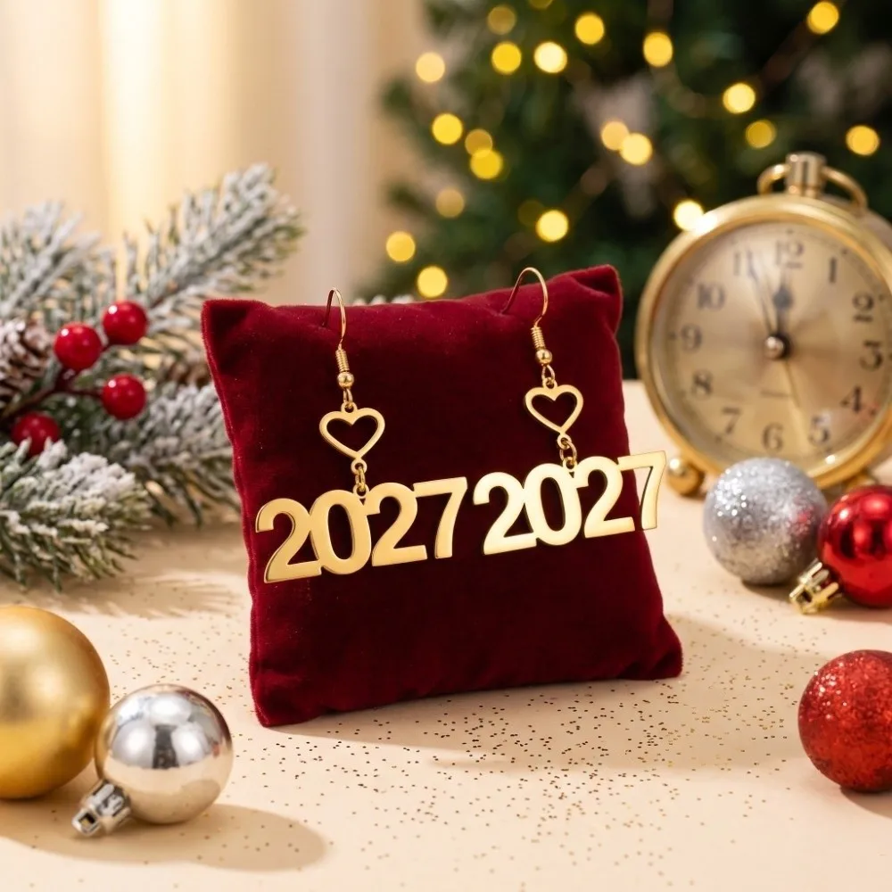Elegant 2027 Digital Earrings Long Drop Hollowed-out Fashion Happy New Year Earrings Love Heart Design Metal Alloy Stud Earrings