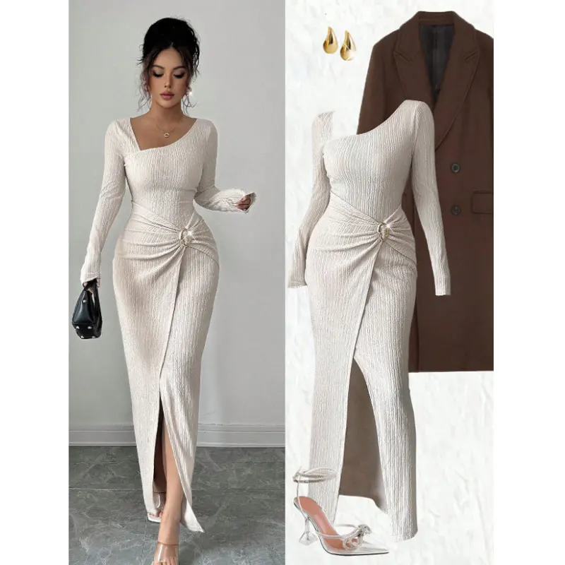 Figurfreundliches Kleid Strickkleid Texturiertes Langes Kleid Schmal Geschnittenes Midikleid Lässige Büro- und Partykleider