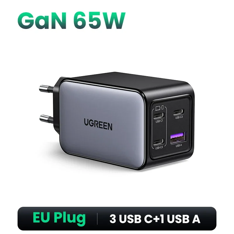 UGREEN 65W GaN-oplader 4 poorten USB C snellader Quick Charge 3.0 PD 3.0 voor Macbook Air Laptops Tablet iPhone 16 15 14 Pro Max