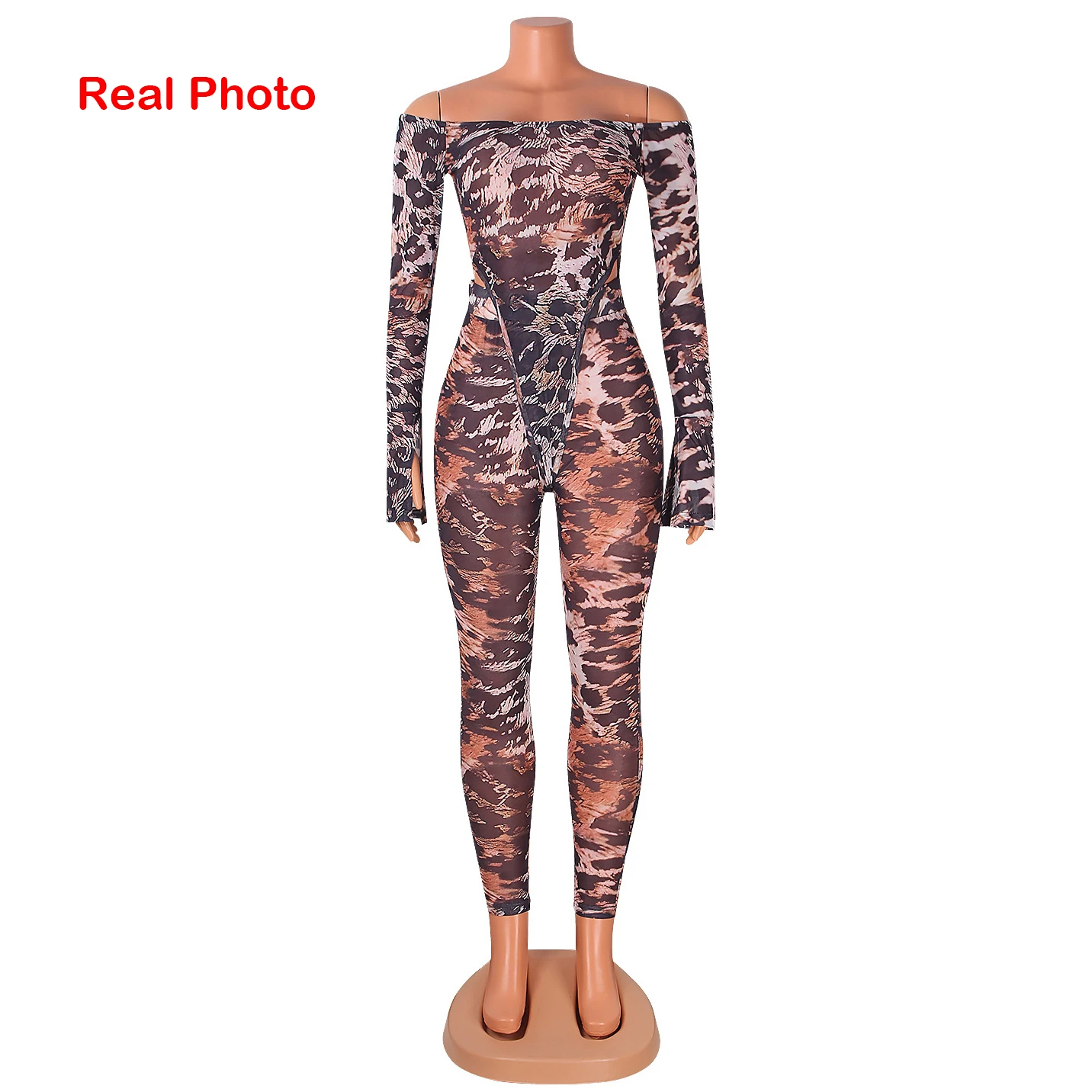 Sexy Matching Set Women Summer Clubwear Leopard Print Off Shoulder Long Sleeve Bodysuits Leggings Stretchy 2 Piece Outfits F0107