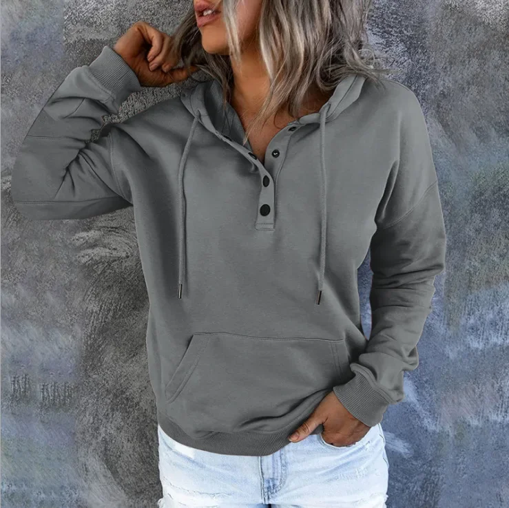 2023 Fashion Trend Long Sleeve Loose Casual V-collar Button Hooded Drawstring Pocket Hoodie