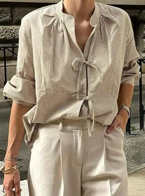 2025 أنيقة جديدة الخريف والشتاء مخطط الصدر التعادل الخامس الرقبة قميص غير رسمي وكسول بلايز الملابس النسائية #6