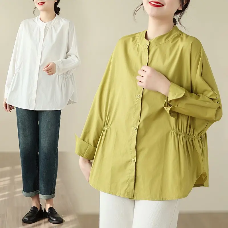 High-end Vintage Stand-up Collar Shirt Women Slim Single-breasted Loose Design Blouses Long Sleeve Tops Spring Summer Outerwear