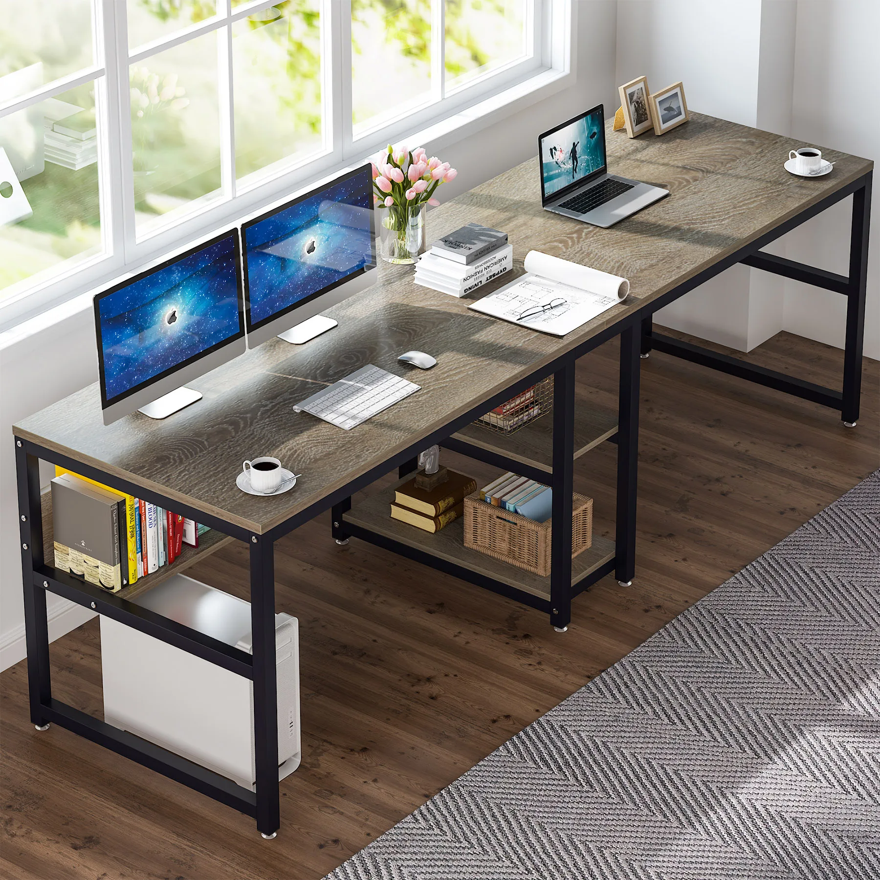 Tribesigns Two Person Desk with Bookshelf, 78.7 Computer Office Double Desk for Two Person, Rustic Writing Desk Workstation