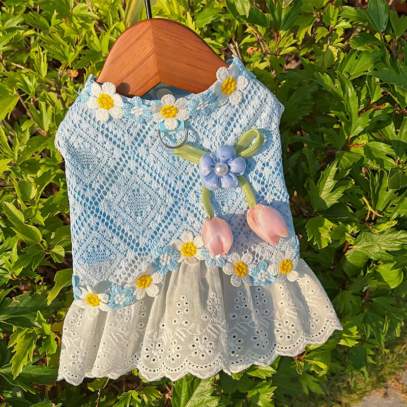 Cute Floral Dog Dress for Small Dogs, Lace Bow Princess Pet Dress, Flower Embroidery Puppy Clothes for Dogs and Cats