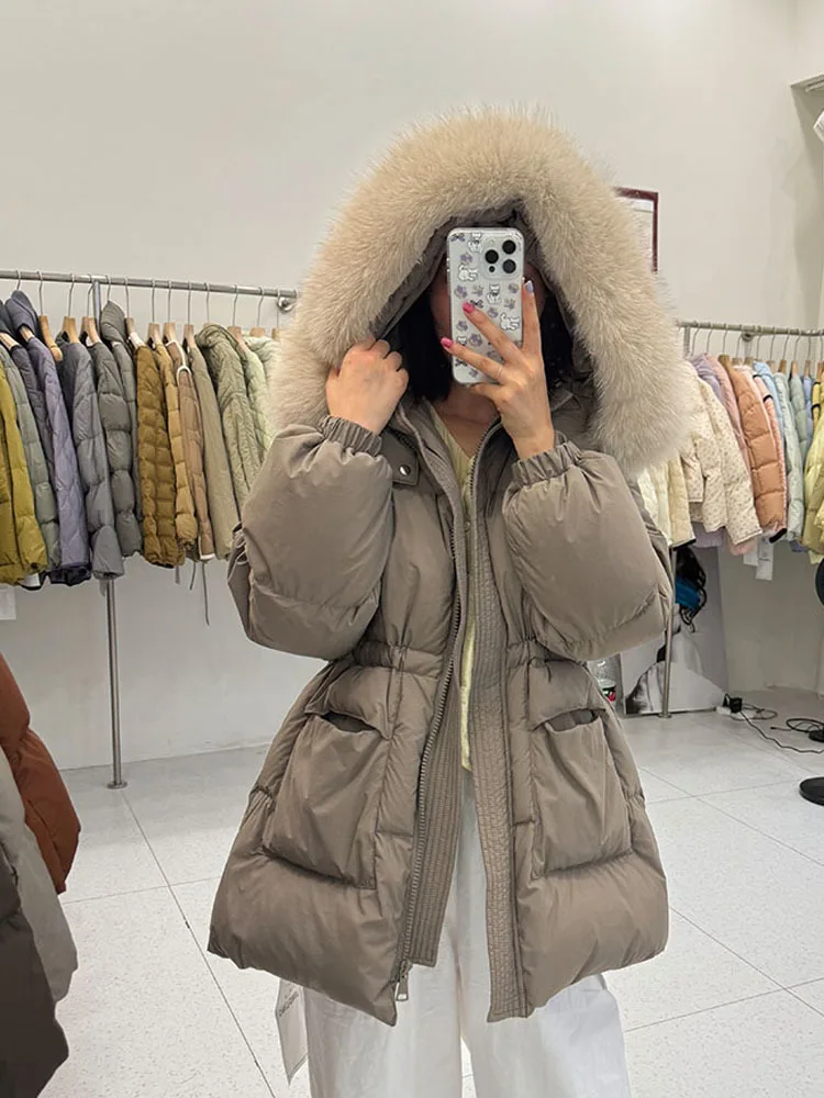 New Winter Large Real Raccoon Fur Hooded Duck Down Filling Jacket Women Loose Waterproof Puffer Coat Thickened Warm Soft Parka