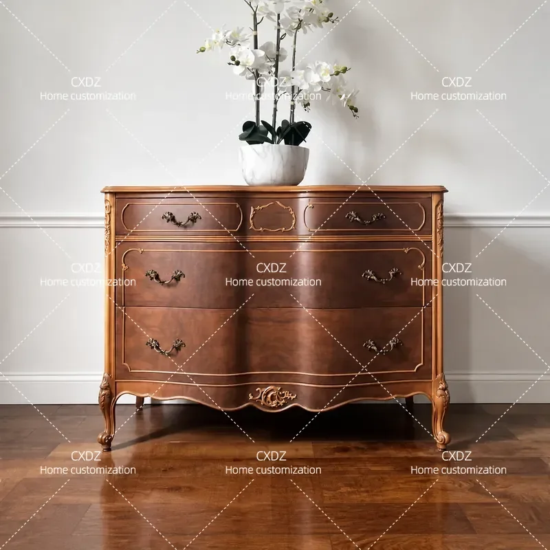 Retro Solid Wood Three Bucket Cabinet Carved Drawer Storage Side Table for Living Room Porch Bedroom Villa Home Decor