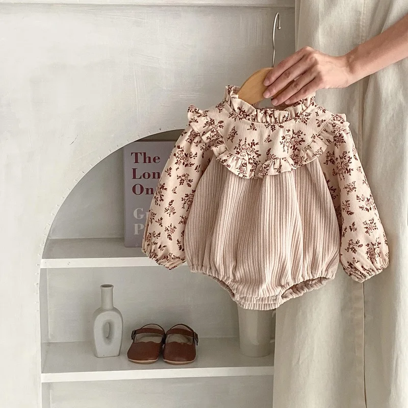 INS Baby Girl Corduroy Romper 0-2Years Newborn Princess Long Sleeve Ruffles Collar Flower Bodysuit Patchwork One-Pieces Clothes