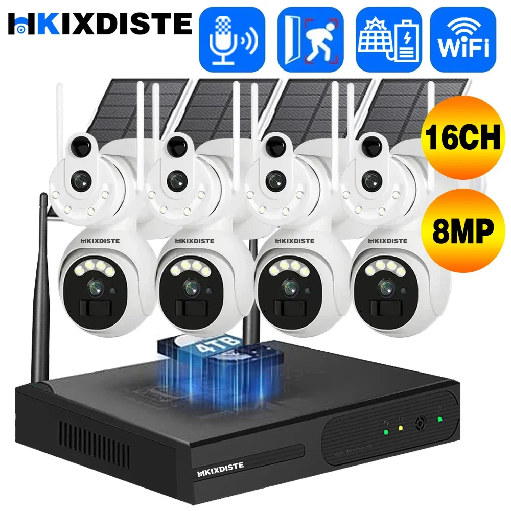 

16-канальный беспроводной сетевой видеорегистратор, 4K, 8 МП, двойной объектив, Wi-Fi, солнечная камера видеонаблюдения, двусторонняя аудиосистема PTZ, IP-камера безопасности, комплект видеонаблюдения