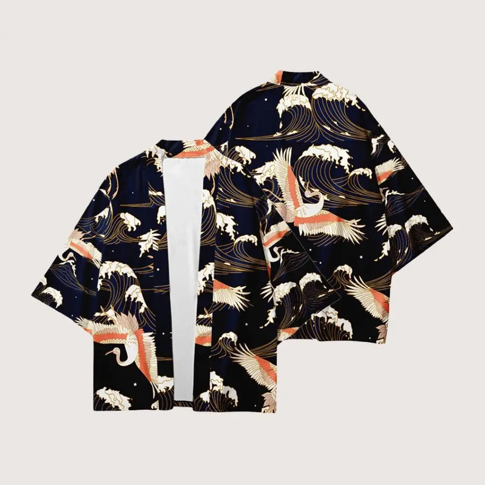 اليابانية كرين طباعة كيمونو سترة التقليدية Harajuku يوكاتا الرجال والنساء أسفل محبوك سترة Y2K الشارع ملابس عصرية #6