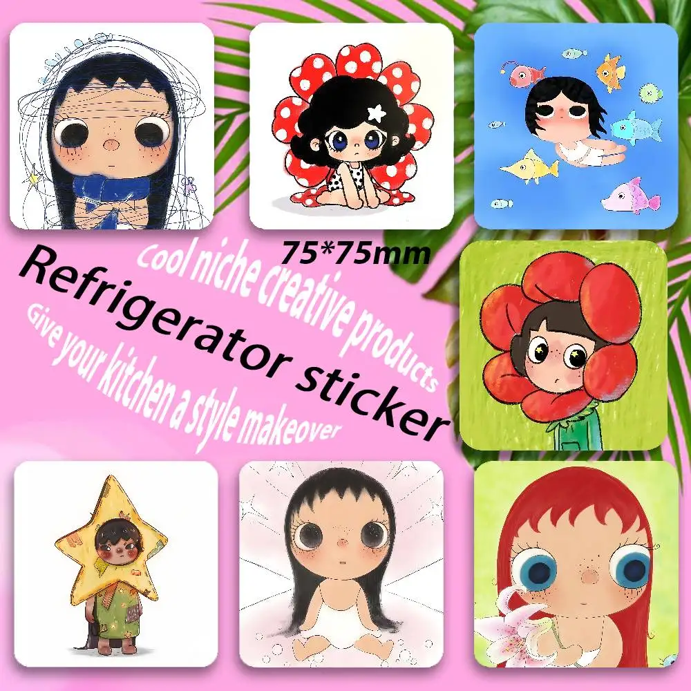 YUY Freckle Big-Eyed Doll Black Square Plastic Fridge Magnet, for Magnetic, No Trace Left, Durable, Smooth and Textured
