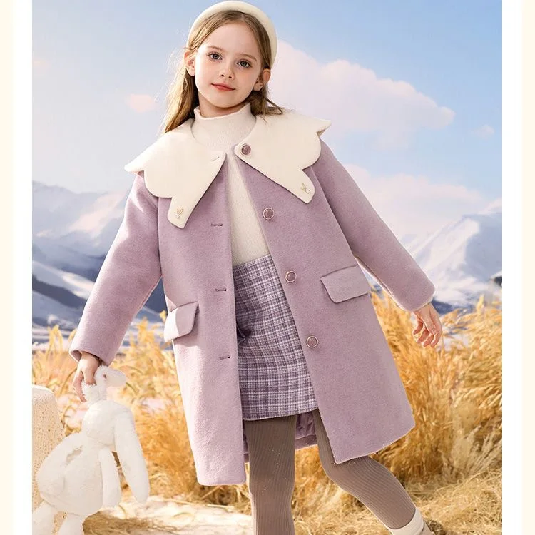 Girl Top New Autumn Winter Korean Fashion Style Woollen Coat Baby Girl Solid Loose Thick Padded Mid Length Overcoat Kid Clothes