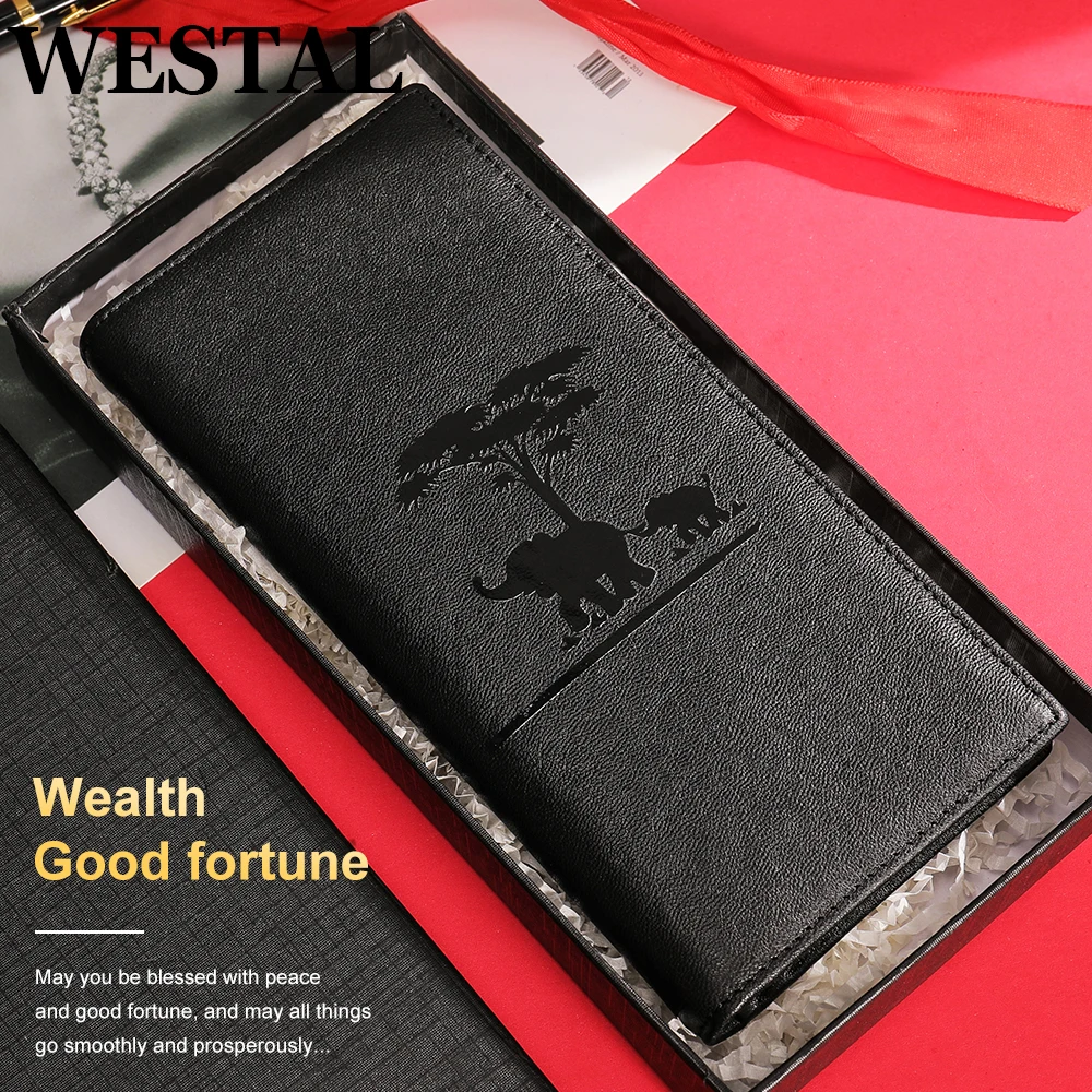 

WESTAL Men Wallets Long Cowhide Leather Slim Purse Male Zipper Coin Pocket Card Holder Small Money Bags Husband Passport Holder