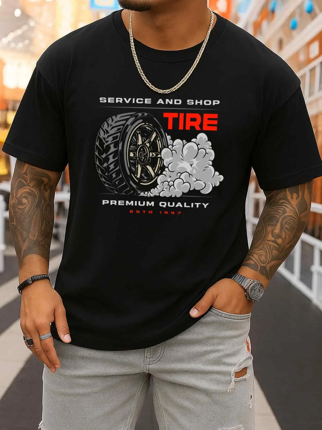 Premium Tire Repair Shop T-Shirt Men's Black T-Shirt Elegant, Refreshing, and Lightweight, Perfect for Summer Sports and Casual Wear, Spring and Summer Outdoor Wear, Soft and Comfortable, Suitable for All Seasons, Round Neck, Regular Fit, Short Sleeves