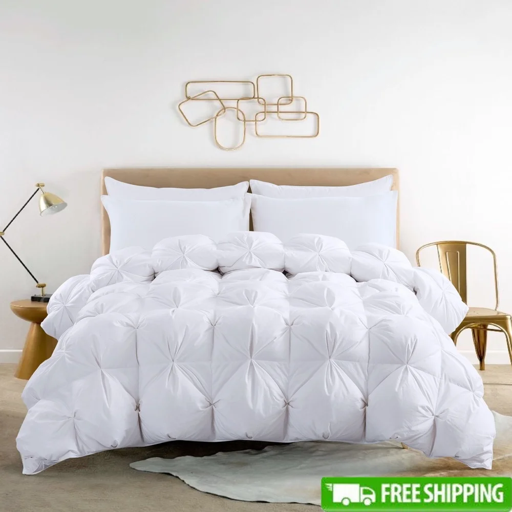 

Hypoallergenic White Duck Down Comforter Pintuck Design King Size Machine Washable Soft Microfiber Polyester Filled Bedding