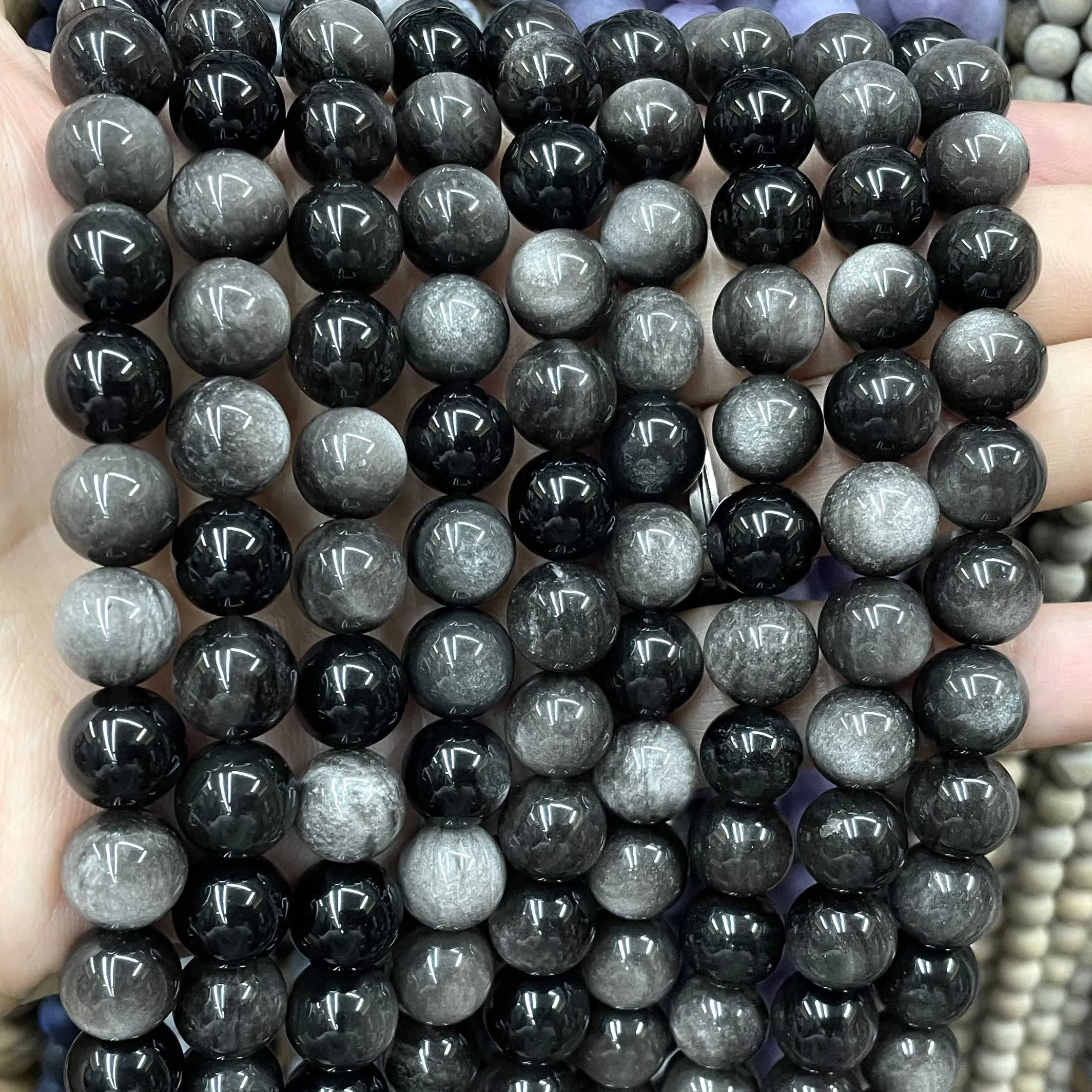 4 6 8 10 12 14MM Natural Stone Silver Obsidian Round Loose Spacer Beads For Jewelry Making DIY  Bracelets Necklace Accessories