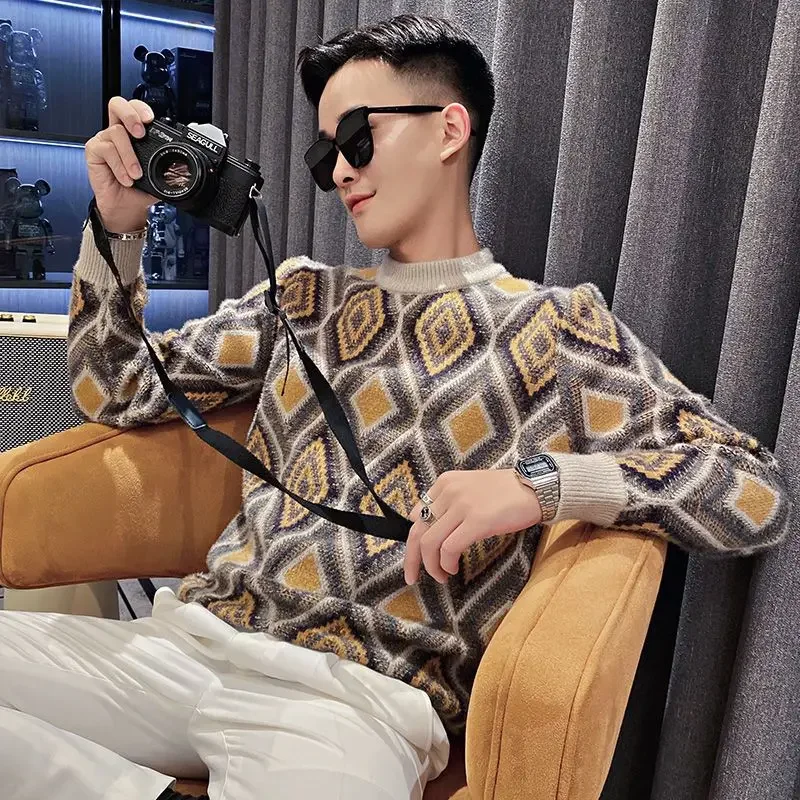 Mann Kleidung Argyle Rund kragen Strick pullover für Männer Plaid Pullover mit Rundhals ausschnitt Grafik Kleidung reines Kaschmir elegant x a