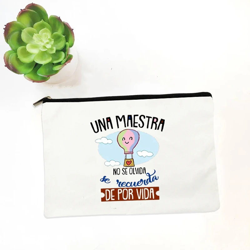 Spanish Print Makeup Bag Una Gran Maestra Fashion Travel Cosmetic Organizer Mujer Bolsas Pencil Case Graduation Retirement Gift