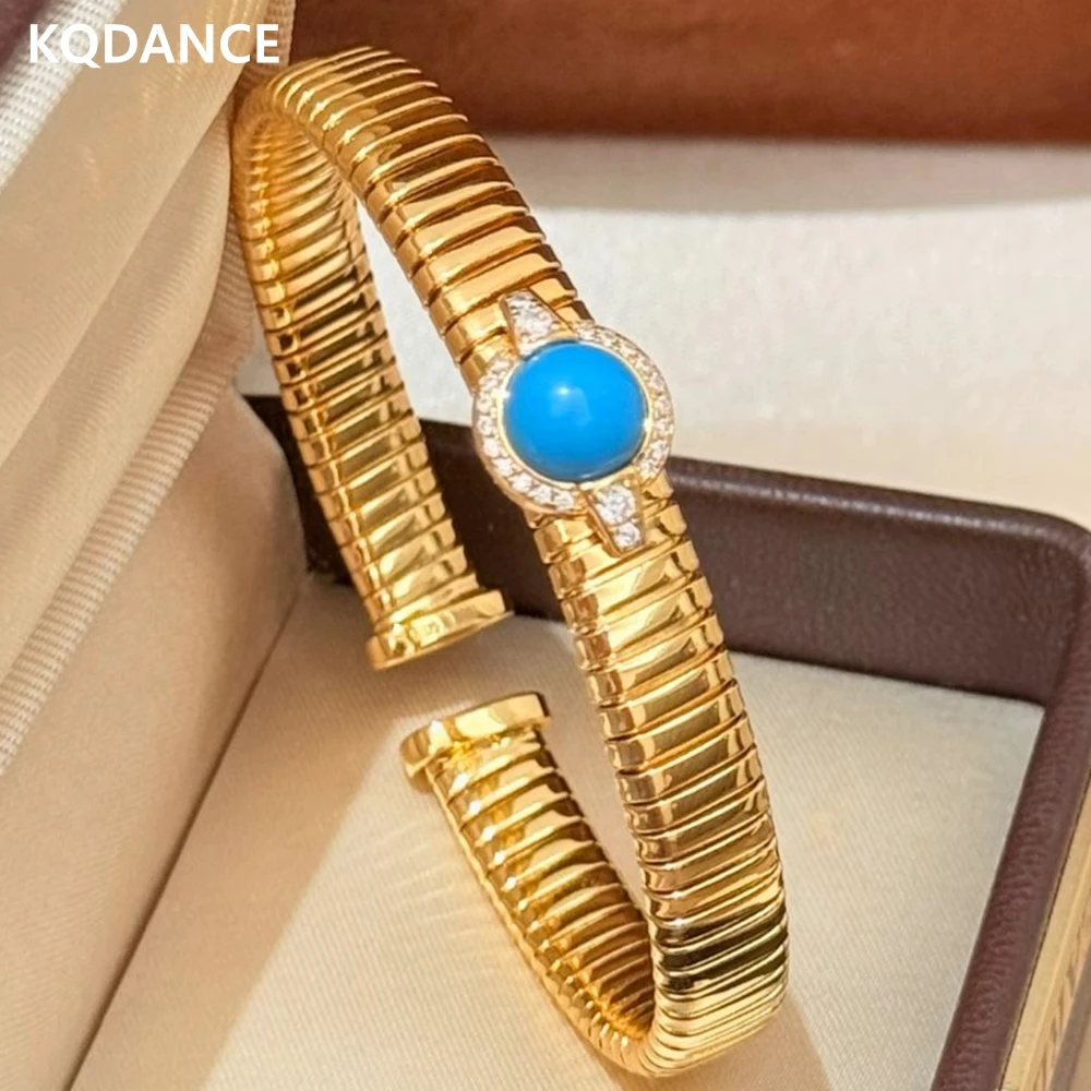 

KQDANCE Luxury 925 Silver Carbon Diamond Synthetic Blue Turquoise Women Elastic Bangles Bracelet 18K Gold Plated Jewelry Gifts