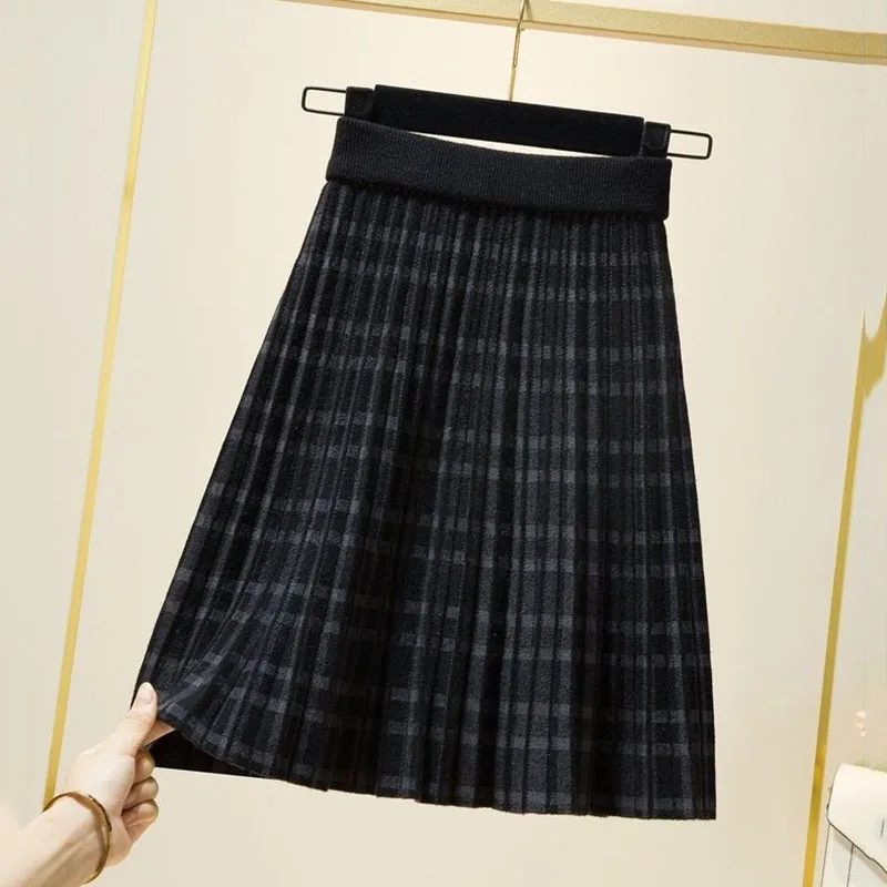 Vintage Plaid Knitted Skirs for Women Autumn Winter Elastic High Waisted Slimming Pleated Skirt Harajuku Streetwear A-Line Skirt