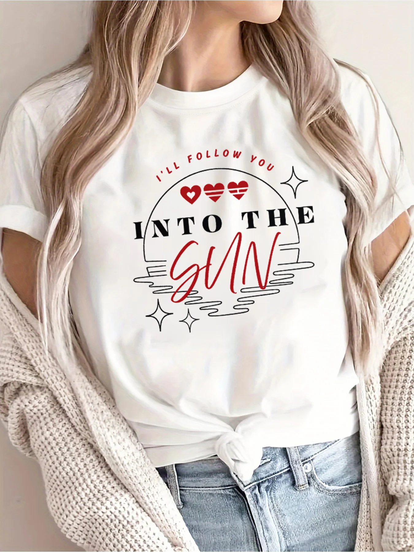 Women's Short Sleeve Top with I'Ll Follow You Into The Sun Romantic Easy Print T-Shirt Casual Round Neck T Shirt Clothes Female