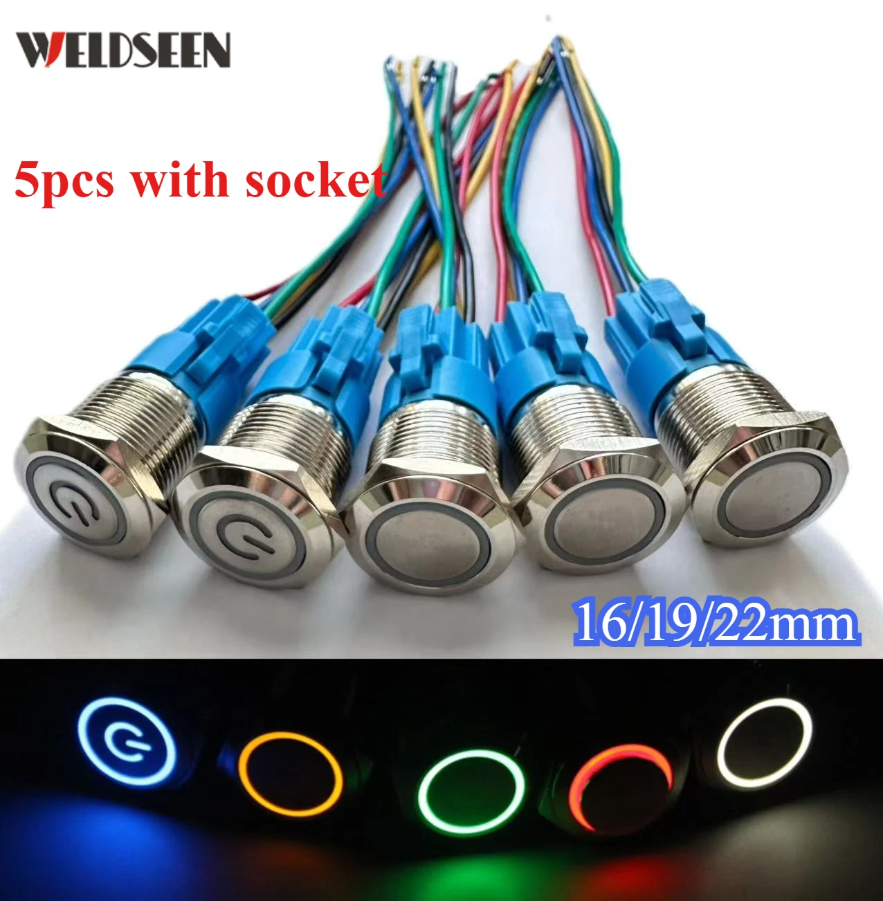 5Pcs/Set Button Switch 16mm 19mm 22mm Power On Off  Electric Waterproof Soft LED Light  With 15CM Wire Connector