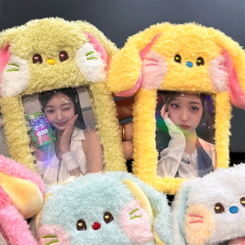 Ins Cute Korean Rabbit Plush Kpop Album Card Holder Bus Card Bank ID Card Protective Display Sleeves Students Bag Pendant Gift