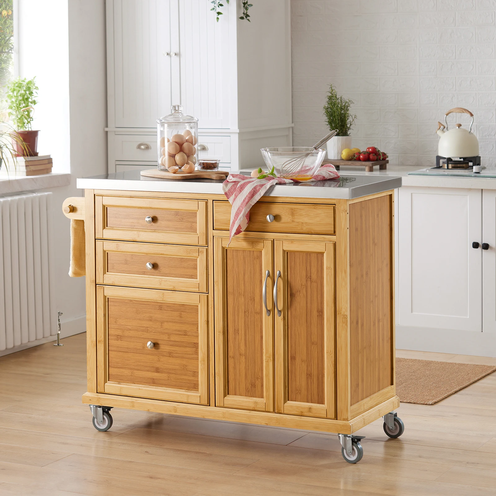 SoBuy FKW70-N Kücheninsel auf Rollen mit Edelstahl-Arbeitsplatte und Schubladen, Barwagen Natur 115x92x46cm – Detail 2