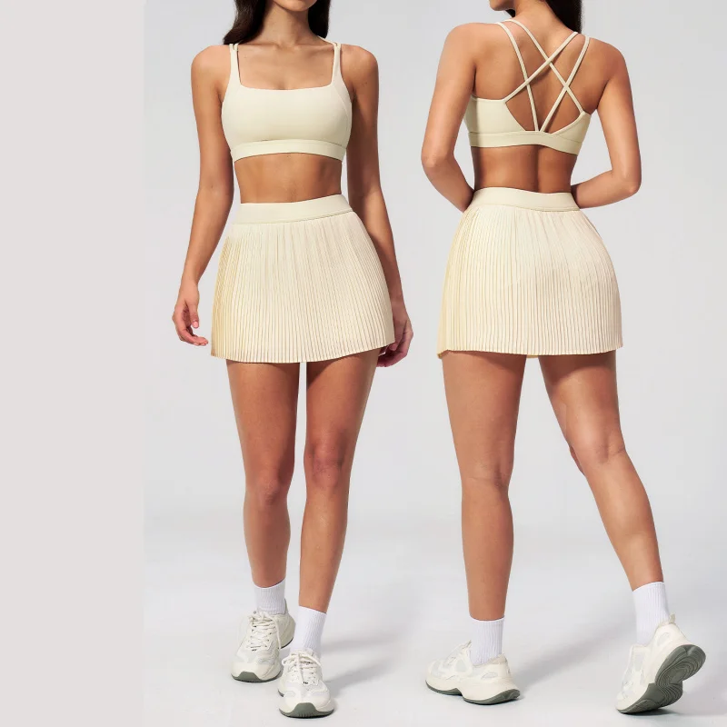 

Yoga Sexy Outfits Set For Women Shockproof Bra Breathable Nude Feel Sports Fitness Short Skirt Quick-Dry Tennis Skirts Suits