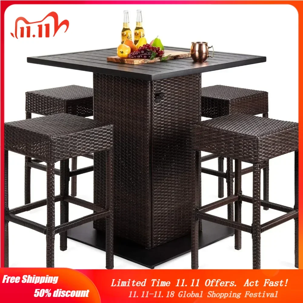 Products 5-Piece Outdoor Wicker Bar Table Set for Patio, Poolside, Backyard w/Built-in Bottle Opener, Hidden Storage Shelf