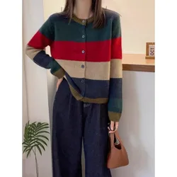 Contrast Color Round Neck Women's Clothing Striped Long Sleeve Button Cardigan Coats Casual Elegant Sweaters Knitted Tops