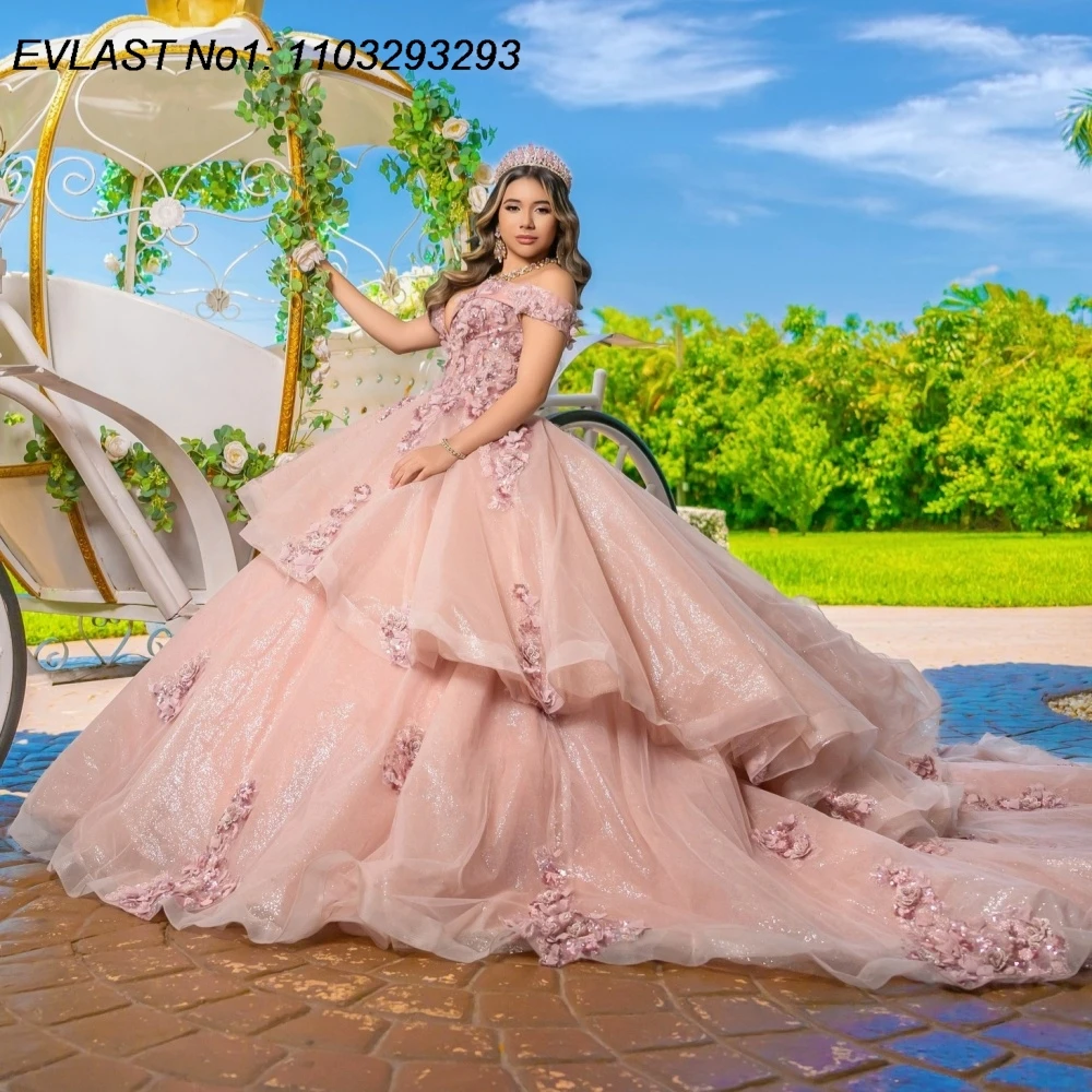 

EVLAST Customized Glitter Pink Ball Gown Quinceanera Dress Floral Applique Beading Tiered Sweet 16 Vestidos De 15 Anos E1QN206